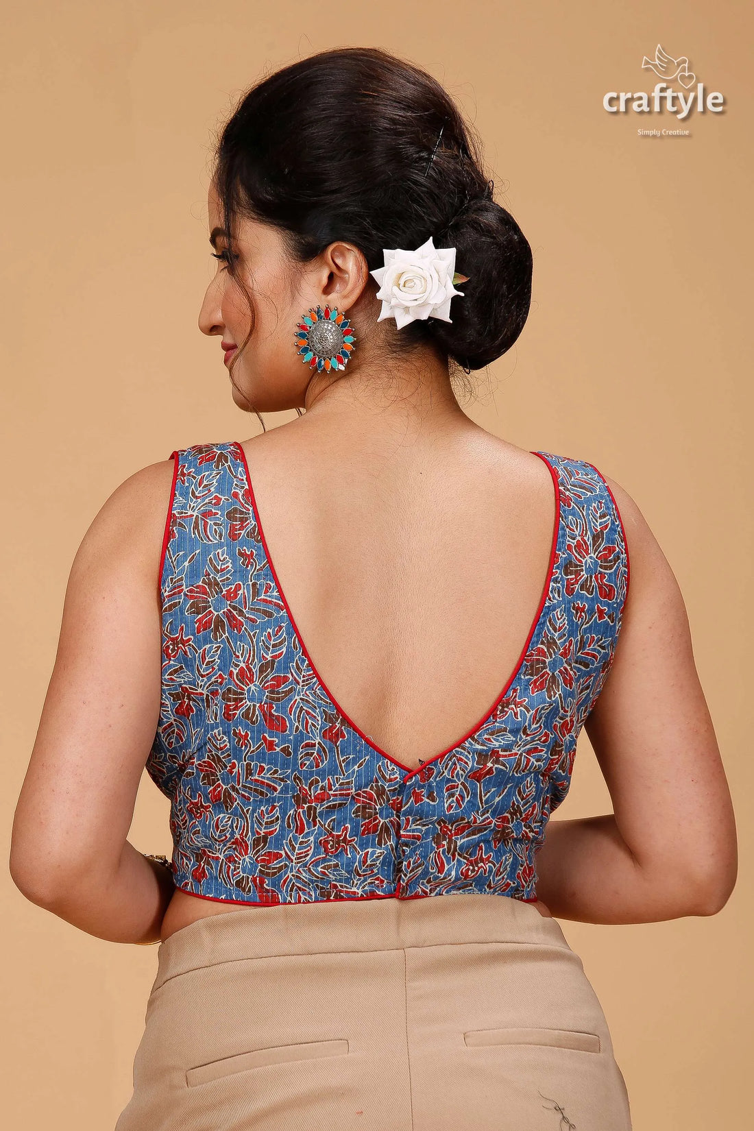Traditional pure cotton ajrakh blouse in queen blue floral print sleeveless 2