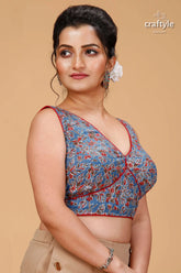 Traditional pure cotton ajrakh blouse in queen blue sleeveless blue v-neck blouse red 4