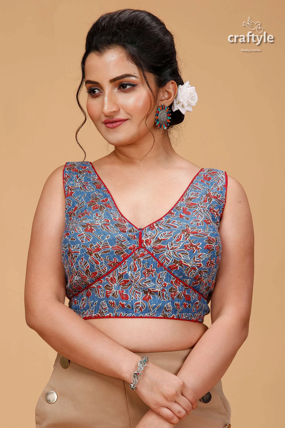 Traditional pure cotton ajrakh blouse in queen blue woman floral print sleeveless 1