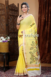 Tree motif hand painted daffodil yellow kerala cotton saree yellow saree tree bird design 1