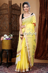 Tree motif hand painted daffodil yellow kerala cotton saree yellow saree floral accents 5