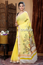 Tree motif hand painted daffodil yellow kerala cotton saree yellow saree tree design 2