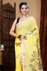 Tree motif hand painted daffodil yellow kerala cotton saree yellow saree bird tree designs 4