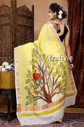 Tree motif hand painted daffodil yellow kerala cotton saree yellow white saree tree painting 3