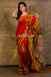 Trimurti painted vivid red hand batik mulberry pure silk saree red patterned saree 1