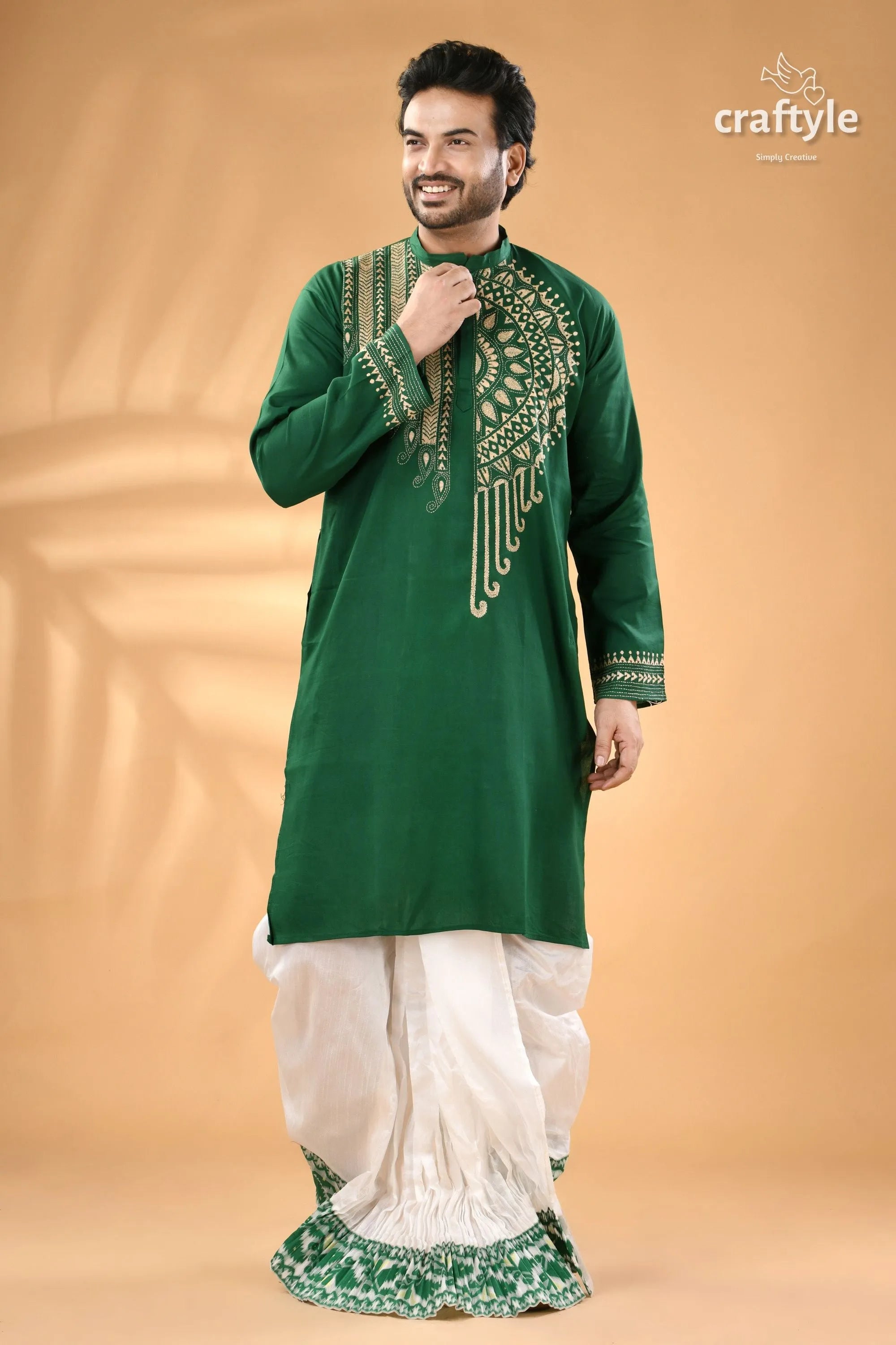 Tropical green cotton mens kurta - hand kantha embroidery man’s embroidered white 3