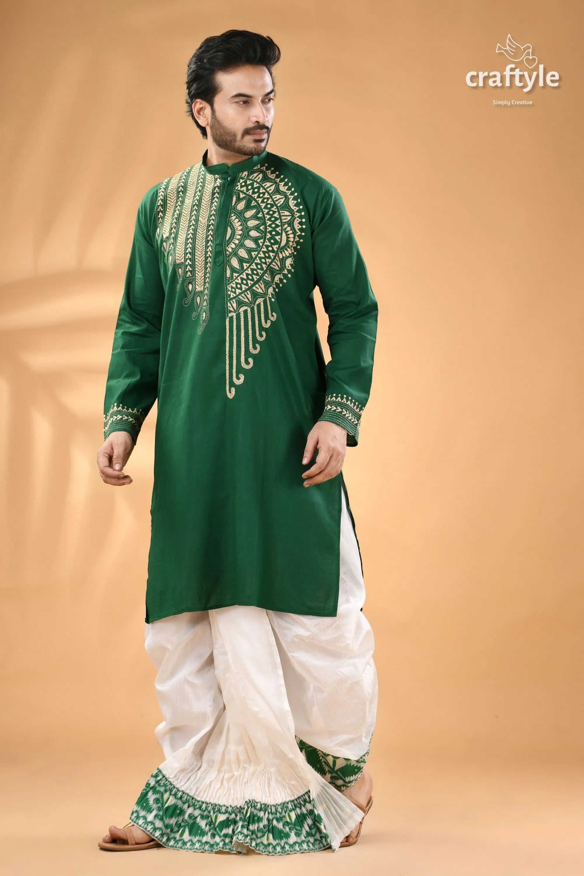 Tropical green cotton mens kurta - hand kantha embroidery men’s embroidered white 5