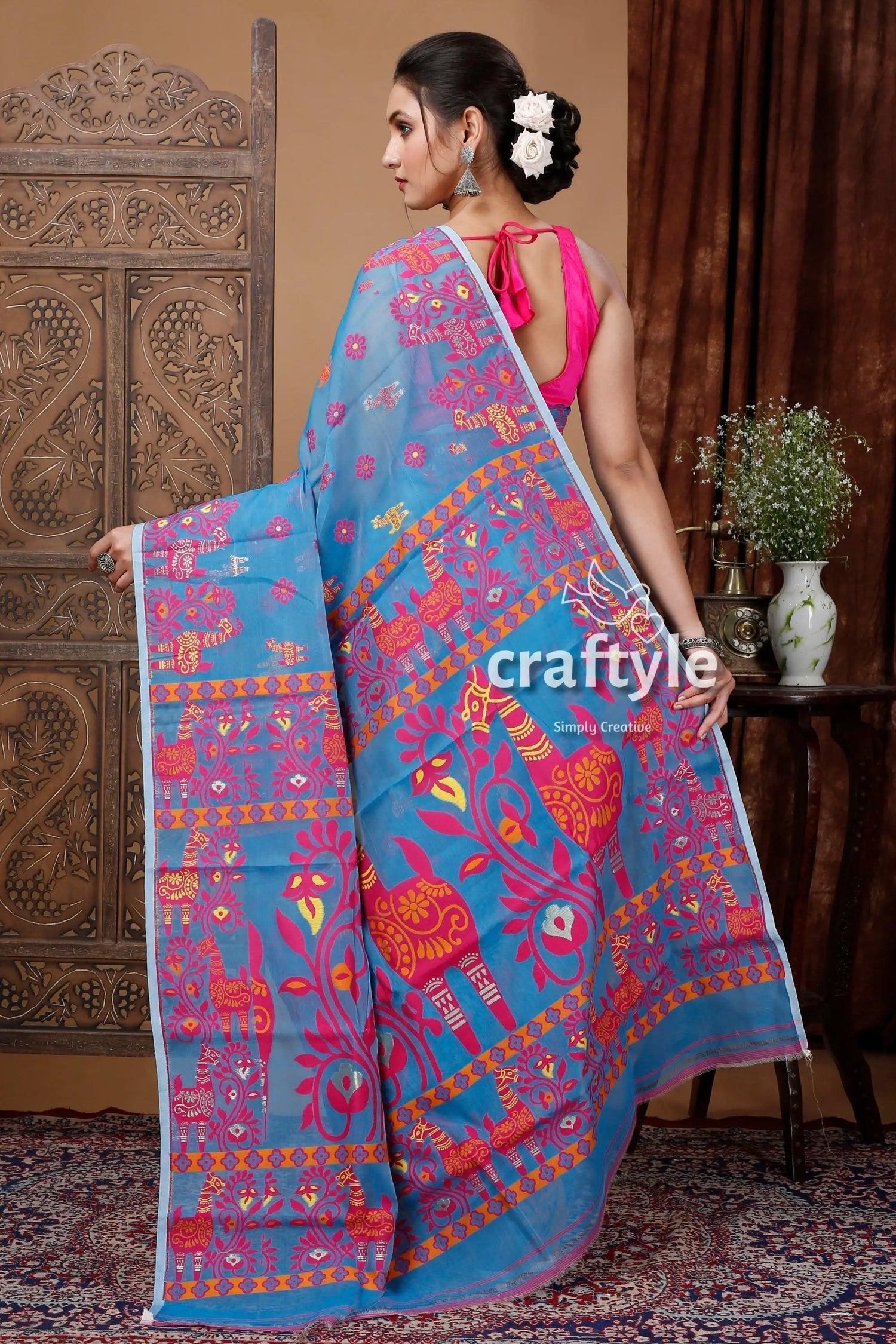True blue red jamdani saree - elegant blend of tradition and grace blue saree pink bird patterns 5
