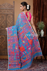 True blue red jamdani saree - elegant blend of tradition and grace blue saree pink bird patterns 5