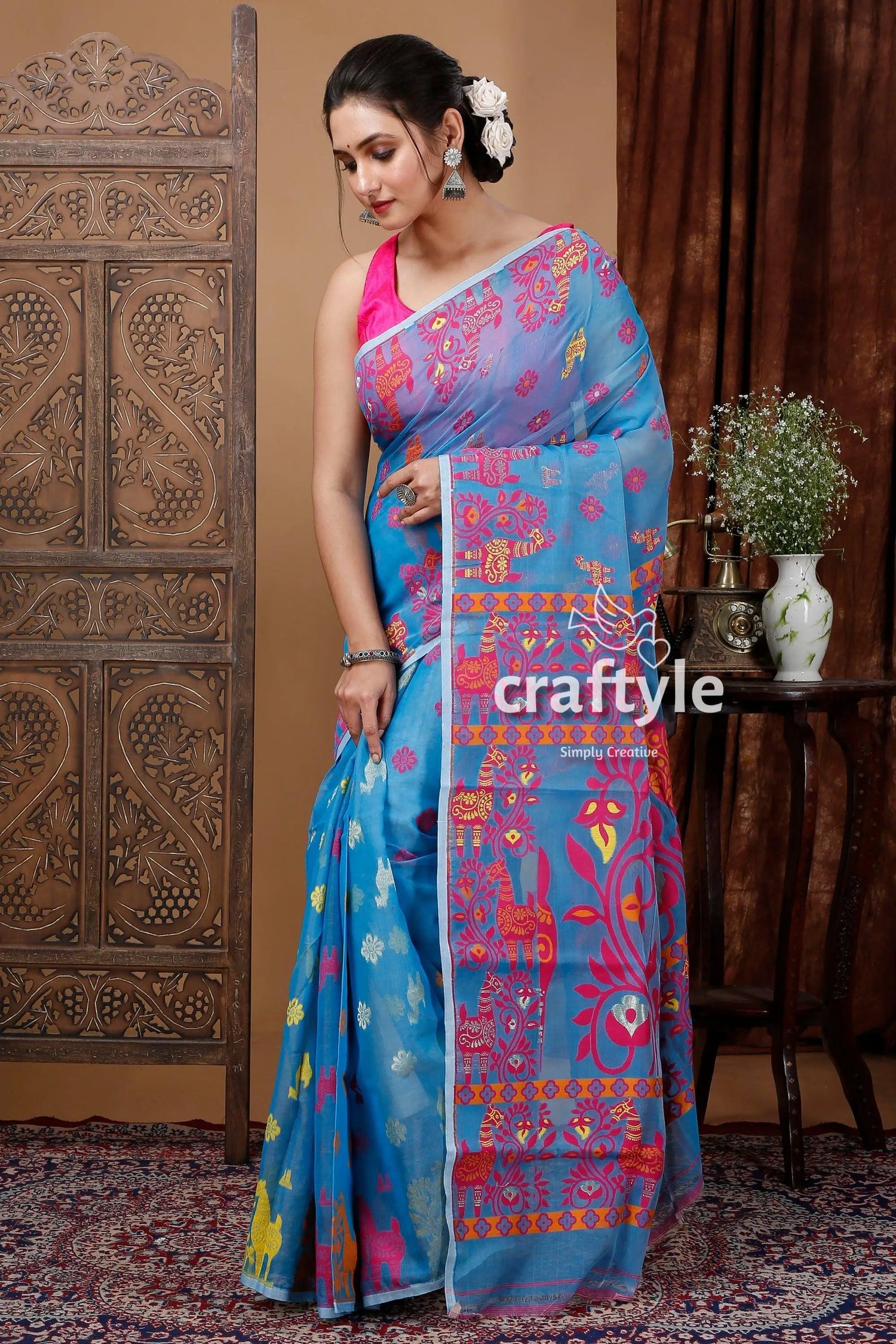 True blue red jamdani saree - elegant blend of tradition and grace woman blue floral saree 3