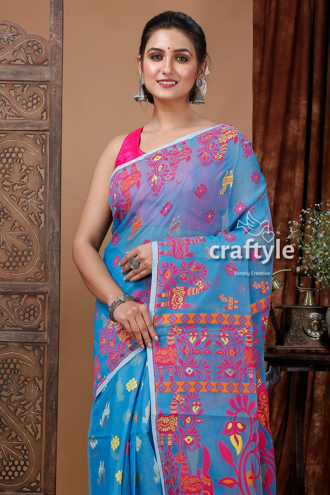 True blue red jamdani saree - elegant blend of tradition and grace floral patterned 2