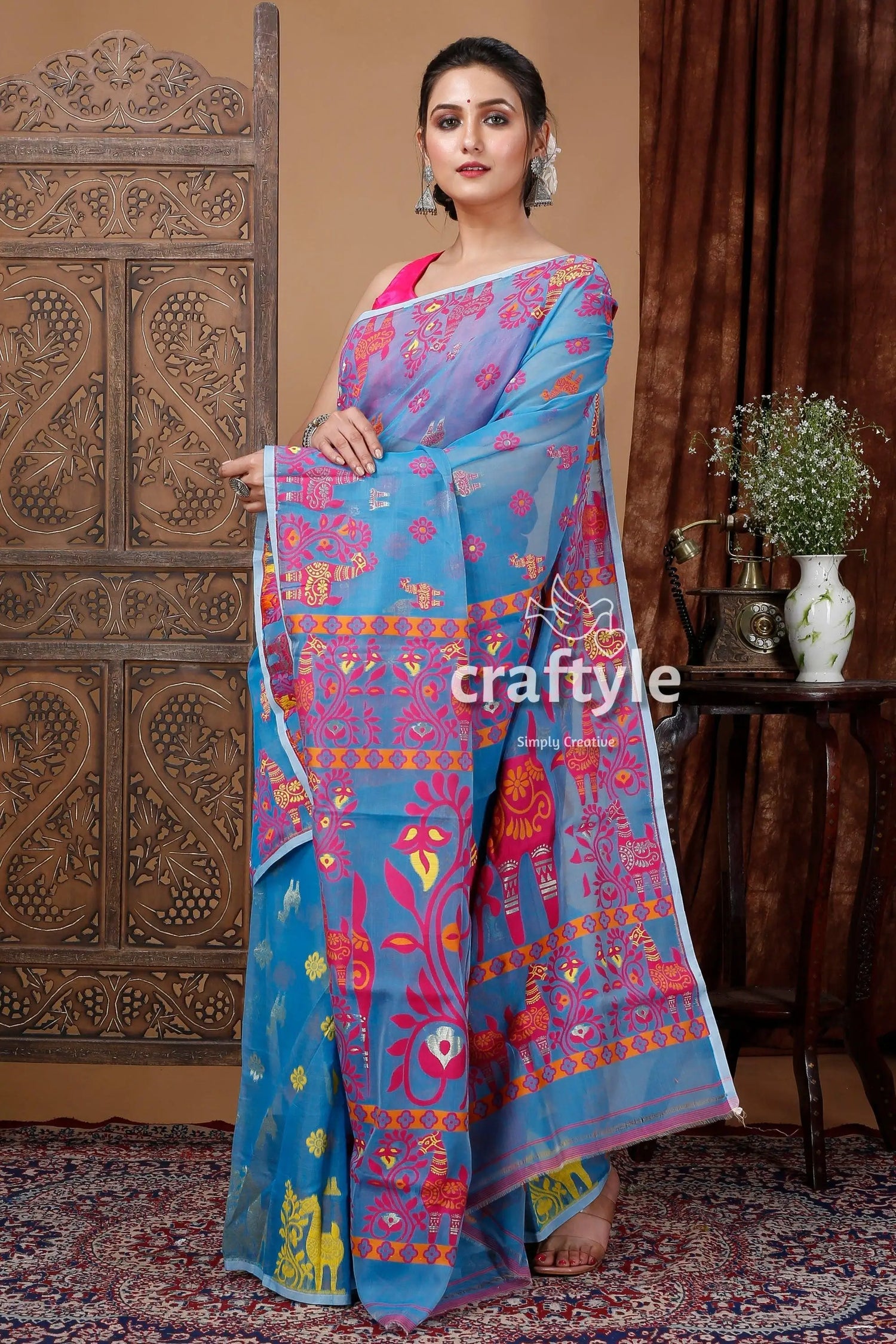 True blue red jamdani saree - elegant blend of tradition and grace blue floral patterned saree 4