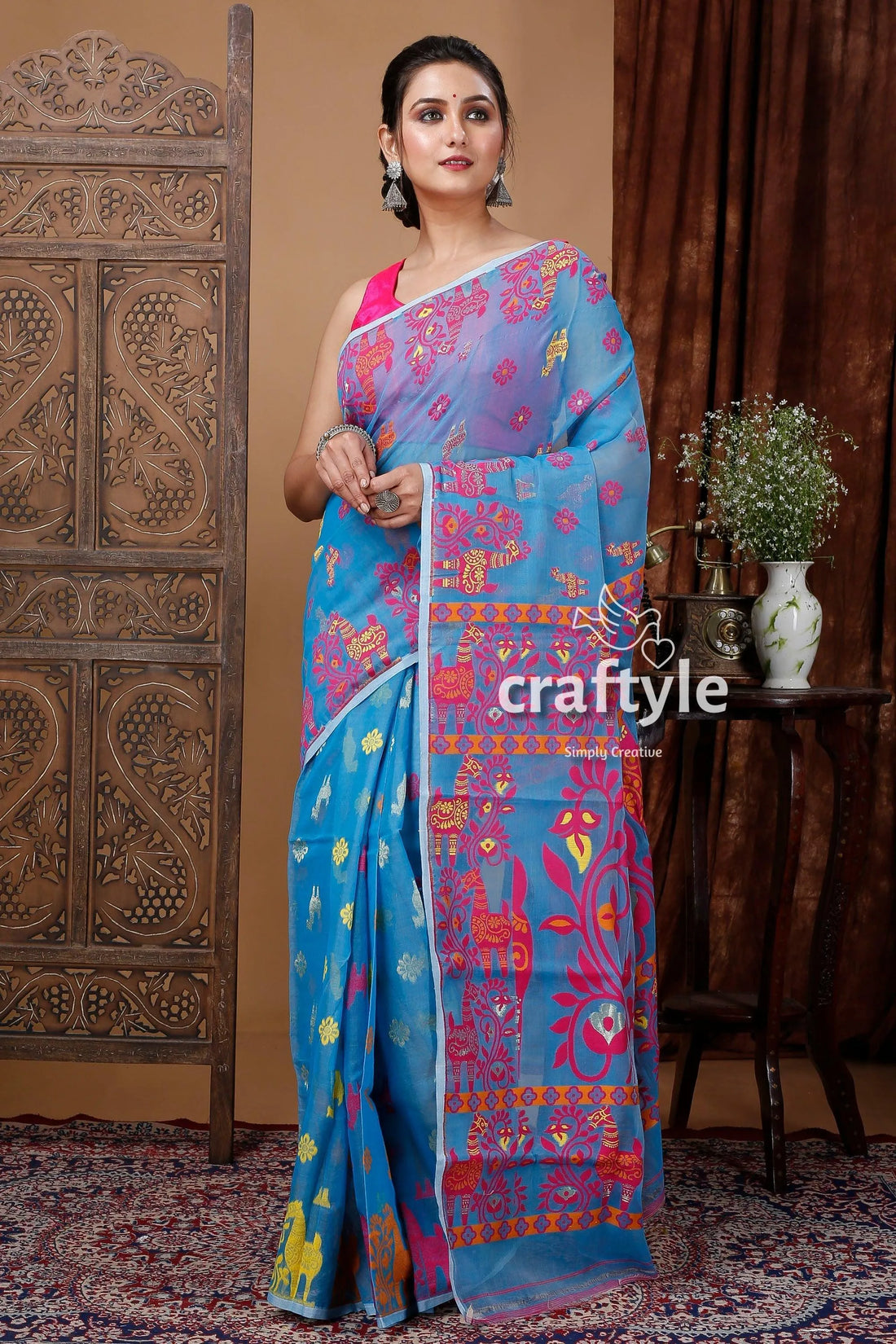 True blue red jamdani saree - elegant blend of tradition and grace floral 1
