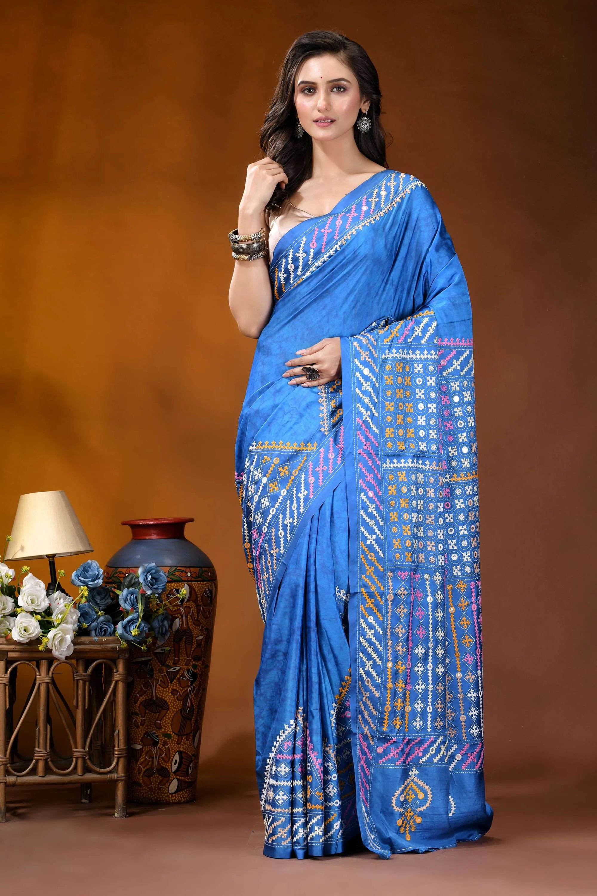 Tufts blue ethnic motif hand wax batik kutch embroidery silk saree - mirror work vibrant royal blue saree intricate 1