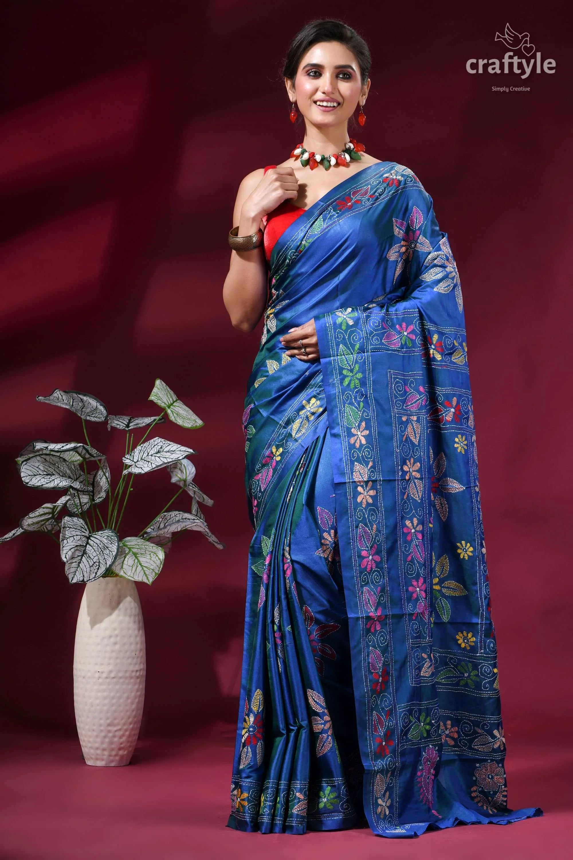 Tufts blue flower design handcrafted kantha stitch silk saree vibrant royal blue silk saree 6