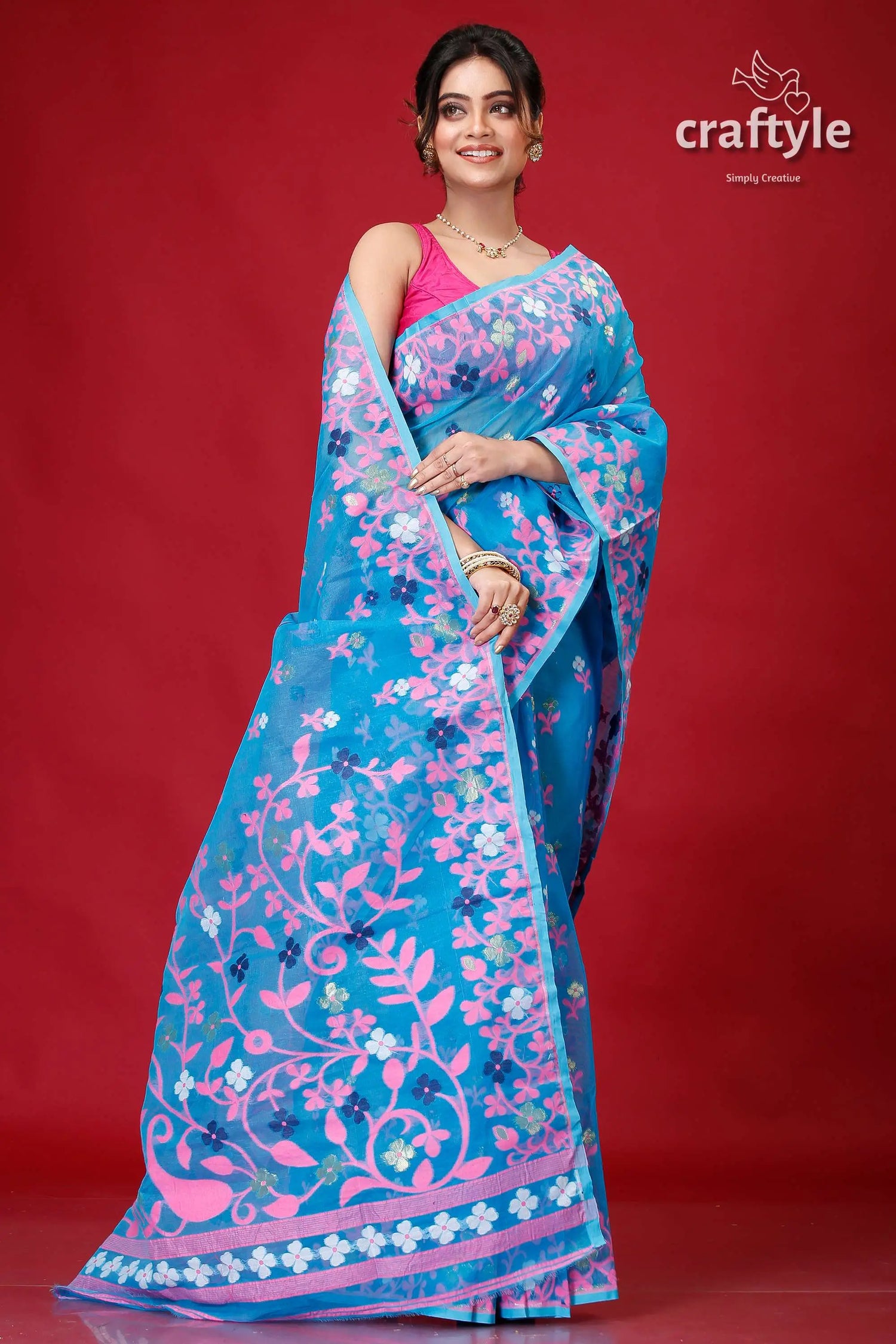 Tufts blue intricate jamdani saree woman blue floral saree 4