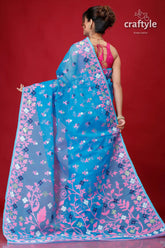 Tufts blue intricate jamdani saree blue floral saree 5