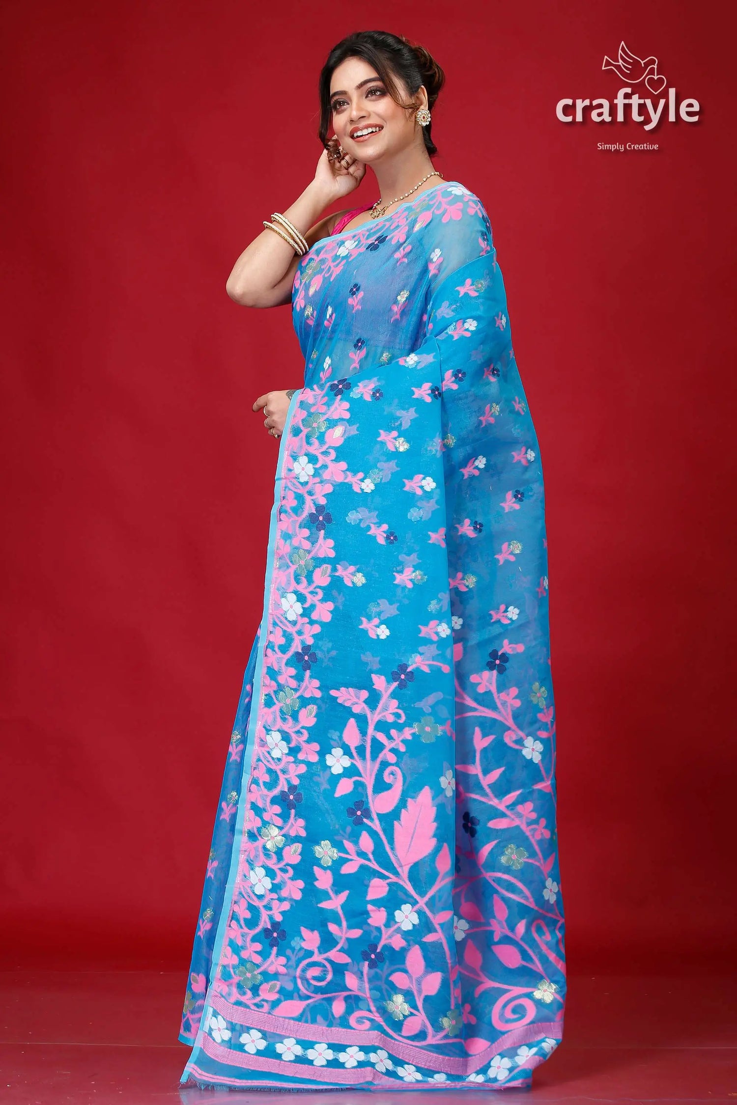 Tufts blue intricate jamdani saree blue floral saree 3