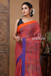 Turkish rose stitched work handloom cotton saree red blue cotton saree 2
