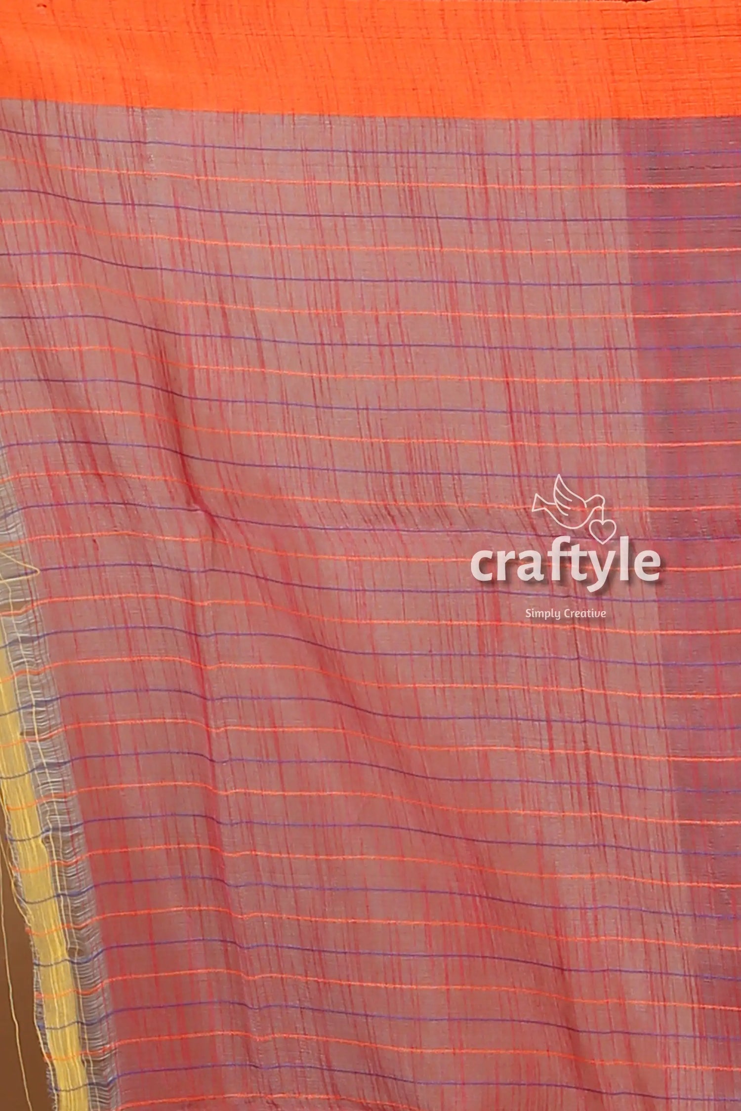 Turkish rose stitched work handloom cotton saree orange pink checkered fabric 6