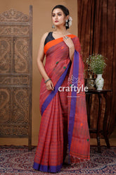 Turkish rose stitched work handloom cotton saree woman red purple saree 4