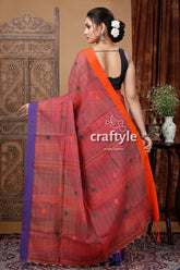 Turkish rose stitched work handloom cotton saree red orange cotton saree 5