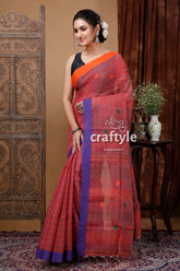 Turkish rose stitched work handloom cotton saree woman red blue saree 3