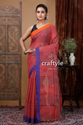 Turkish rose stitched work handloom cotton saree red blue checkered saree 1