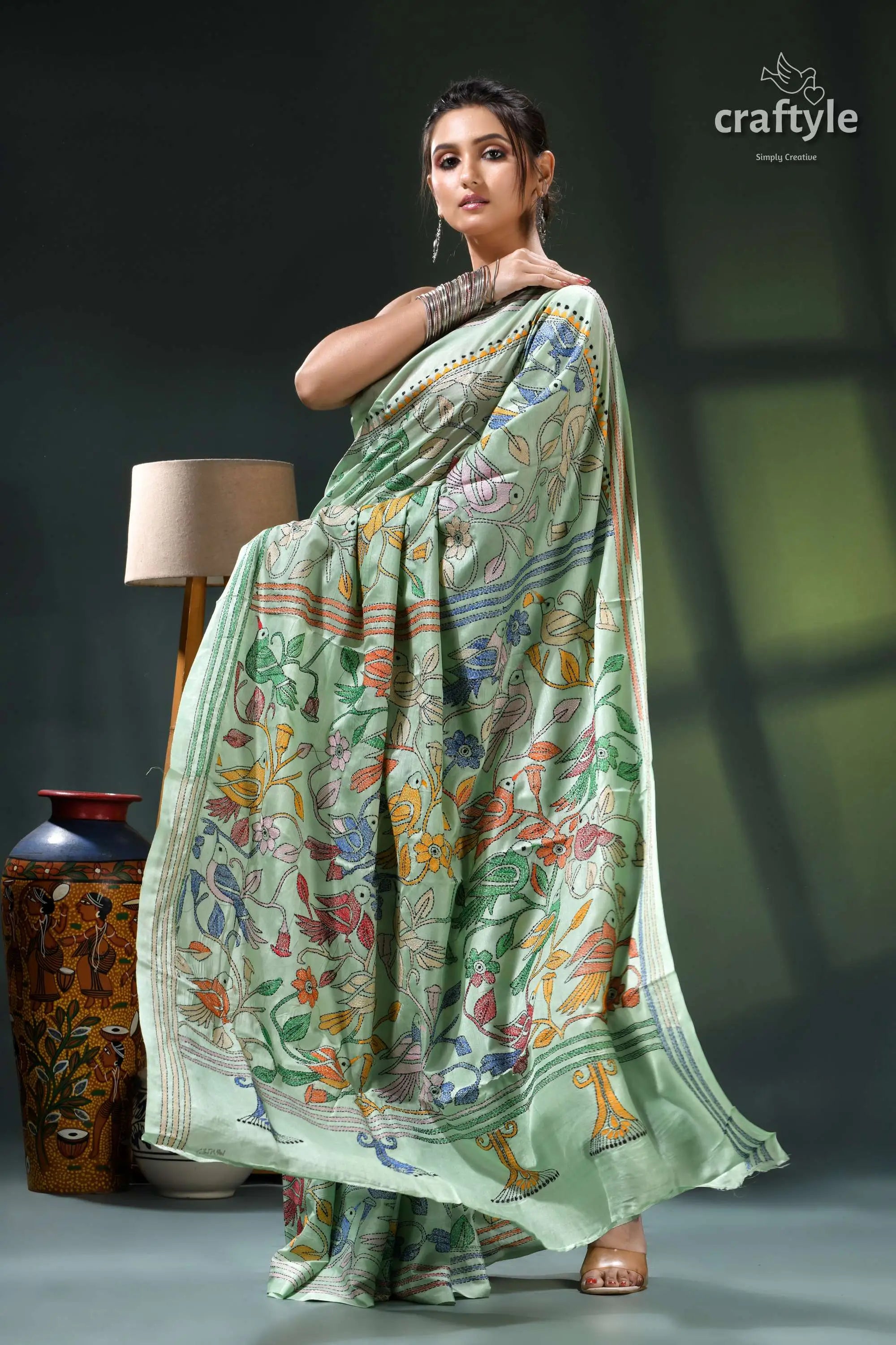 Turquoise green bird motif bengal heritage silk kantha saree mint green floral saree intricate 4