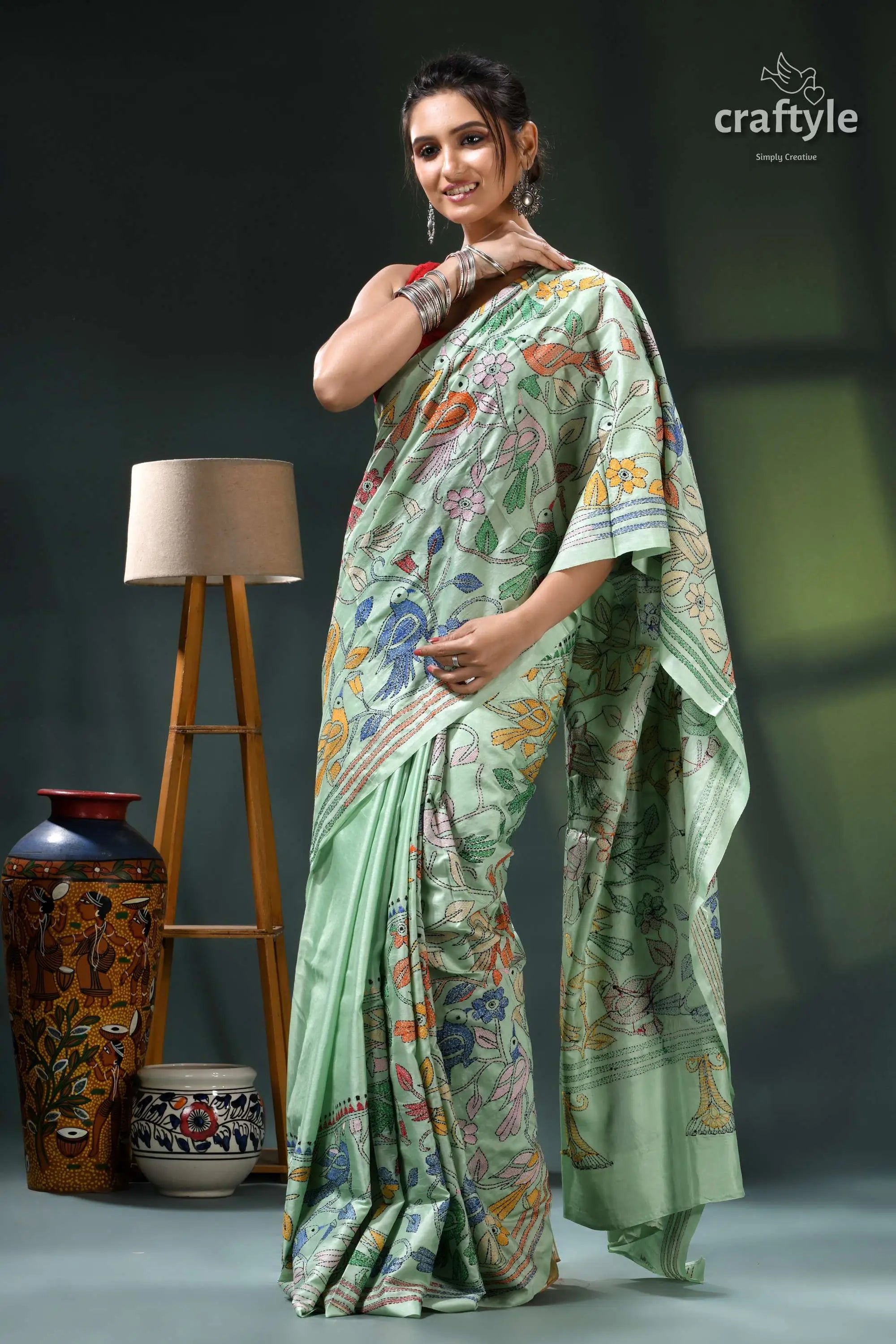 Turquoise green bird motif bengal heritage silk kantha saree mint green floral saree intricate 5