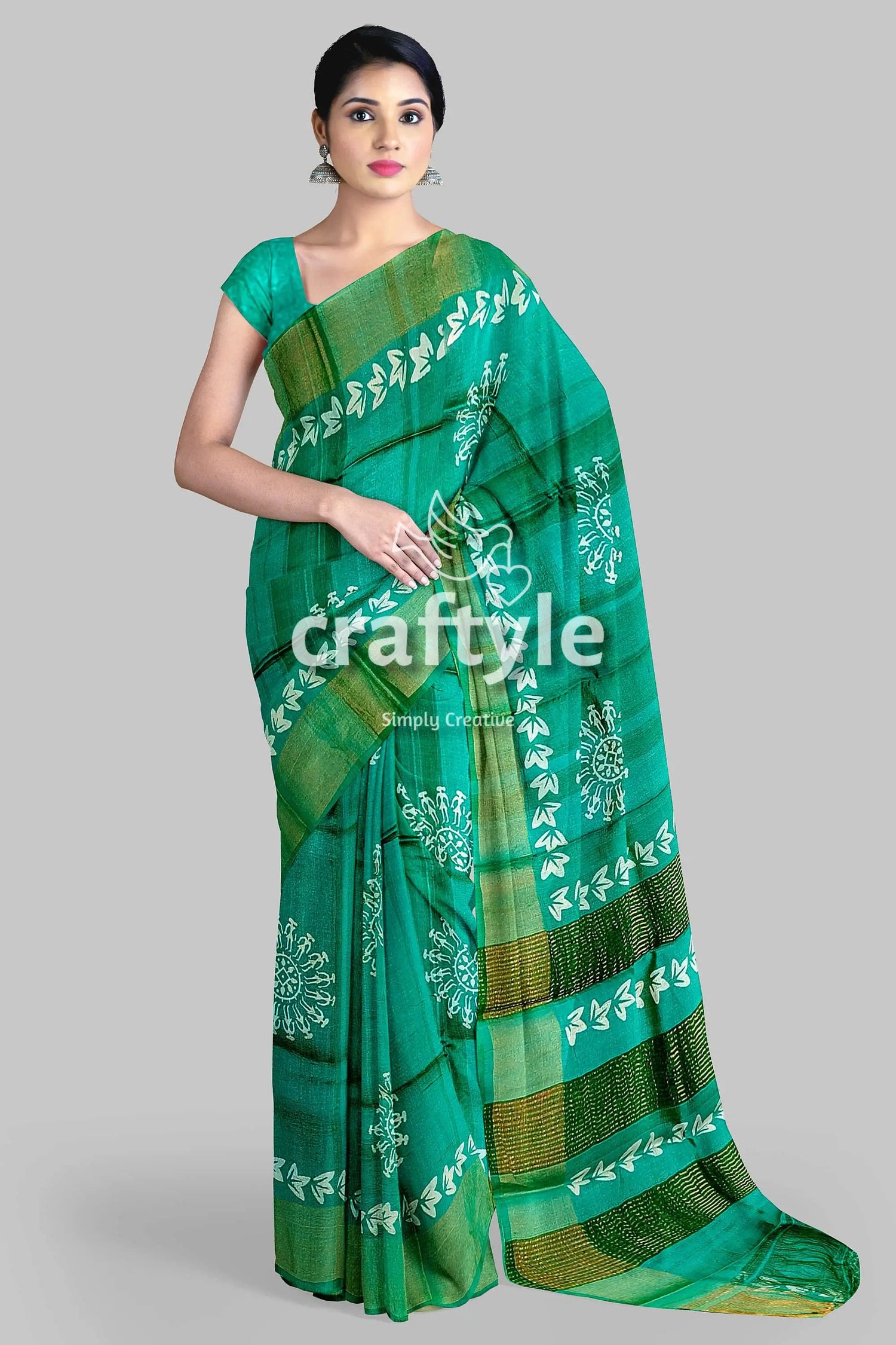 Turquoise green hand block print pure tussar silk saree with zari border green saree white floral patterns 3