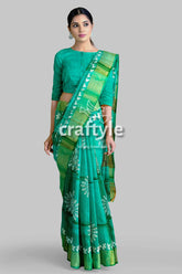 Turquoise green hand block print pure tussar silk saree with zari border green saree white floral patterns 1
