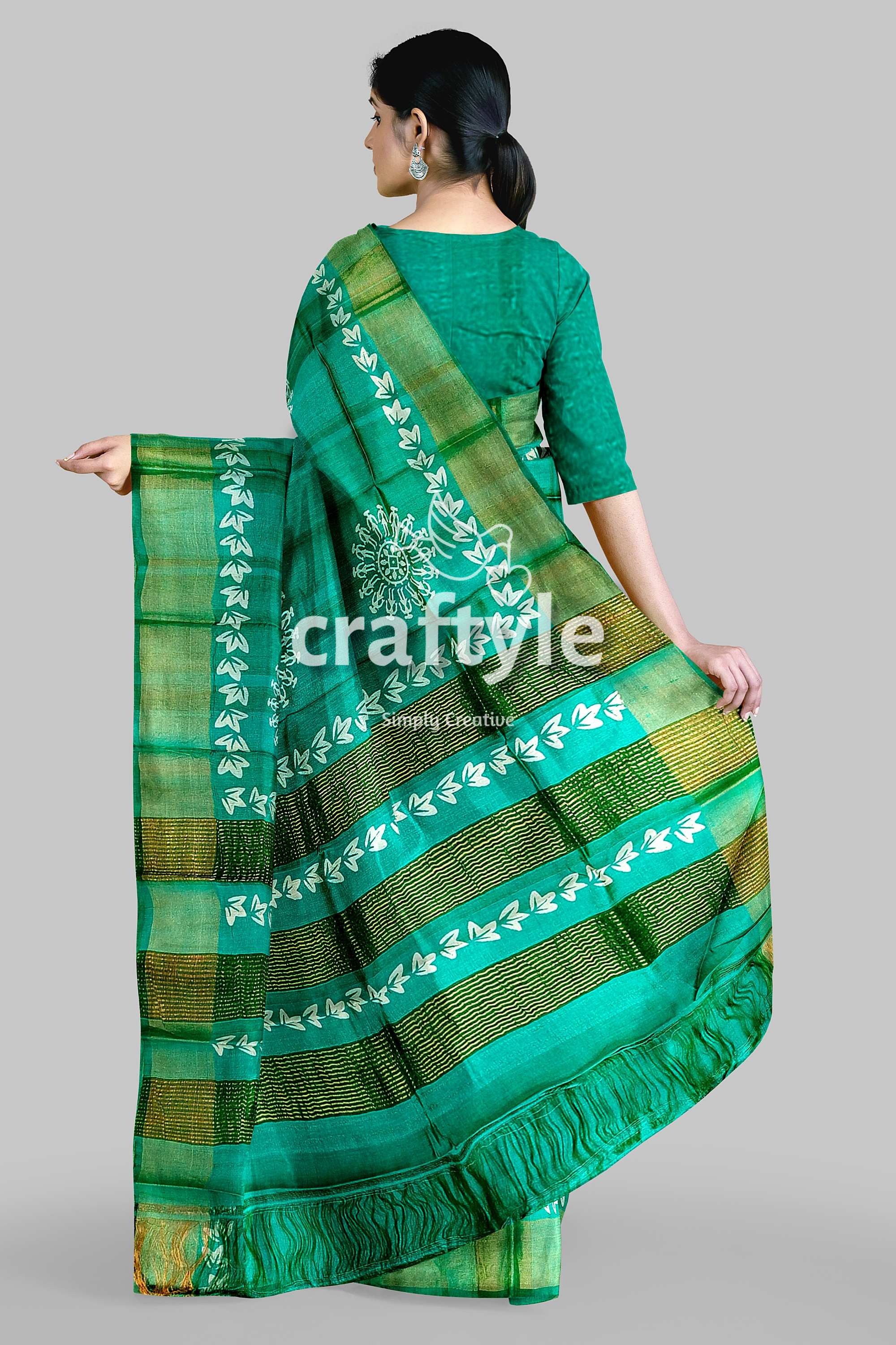 Turquoise Green Hand Block Print Pure Tussar Silk Saree with Zari Border - Craftyle