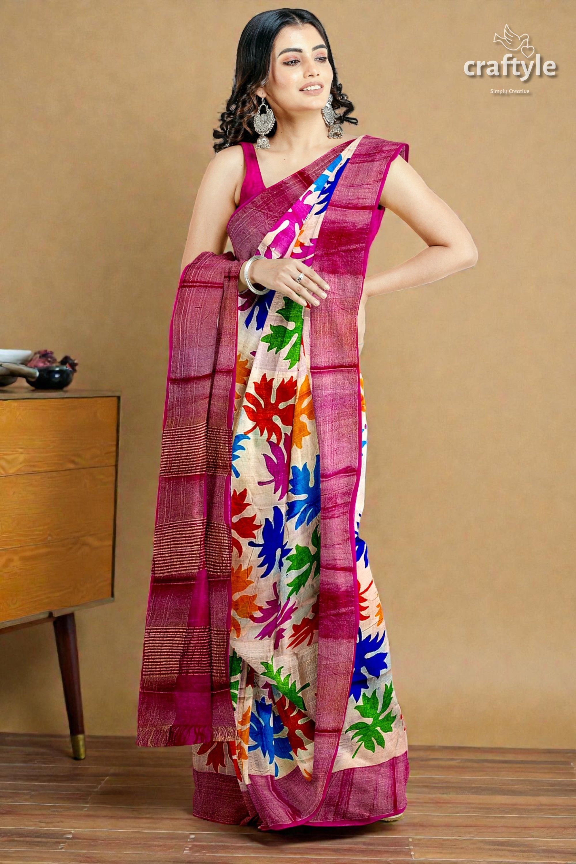 Multicolor Hand Block Print Zari Border Pure Tussar Silk Saree