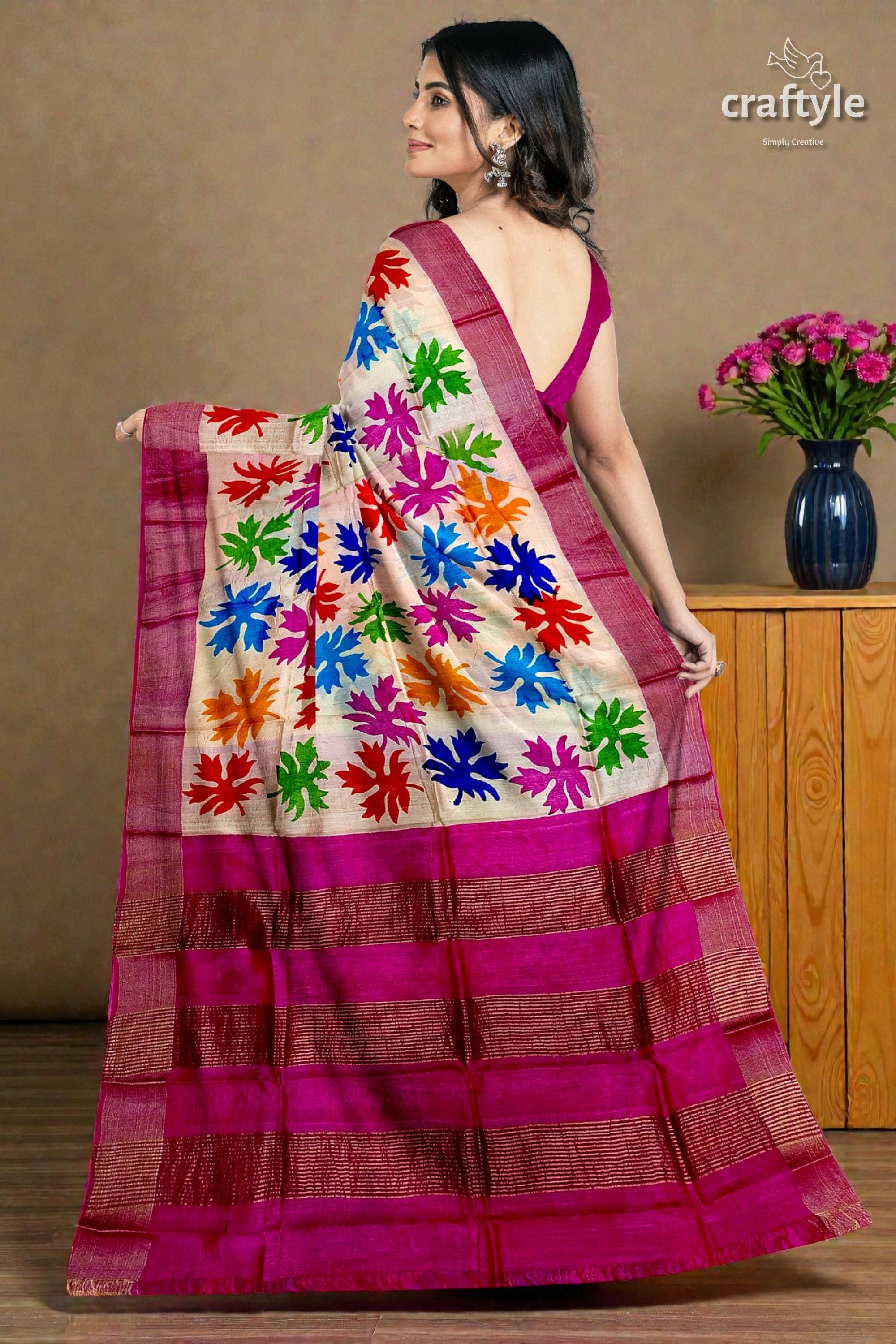 Multicolor Hand Block Print Zari Border Pure Tussar Silk Saree