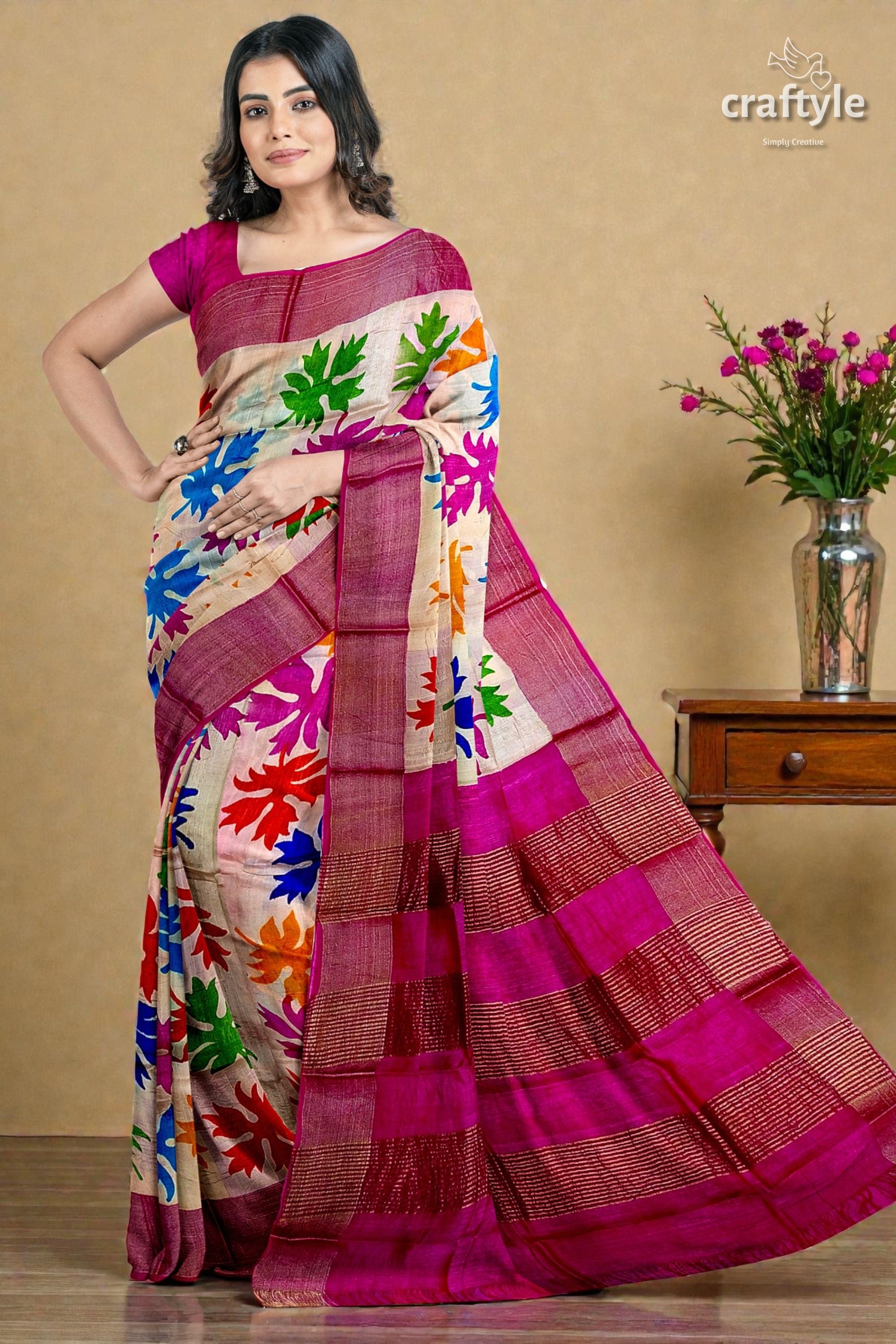 Multicolor Hand Block Print Zari Border Pure Tussar Silk Saree