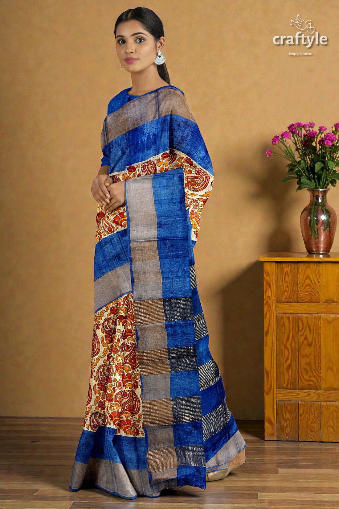 Sand Brown Hand Block Print Pure Tussar Silk Saree with Zari Border