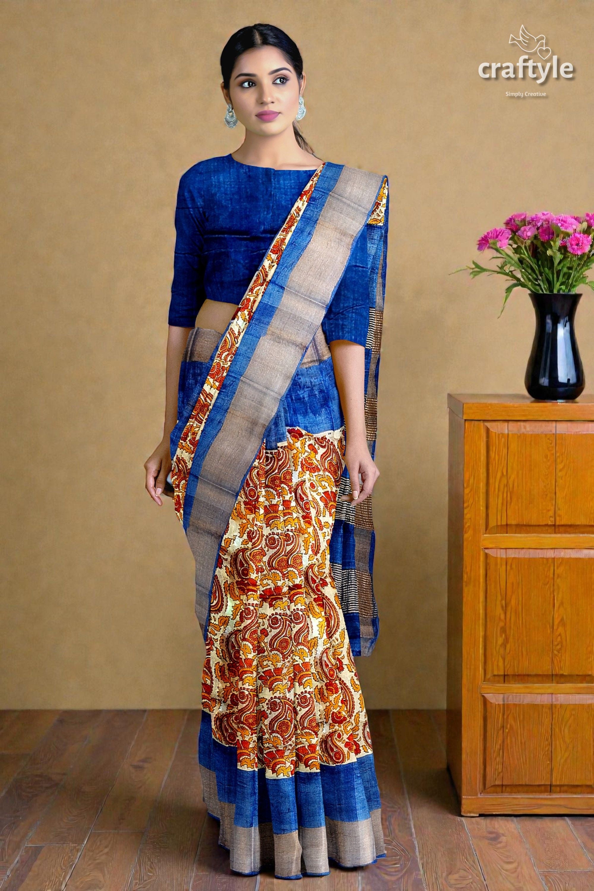 Sand Brown Hand Block Print Pure Tussar Silk Saree with Zari Border