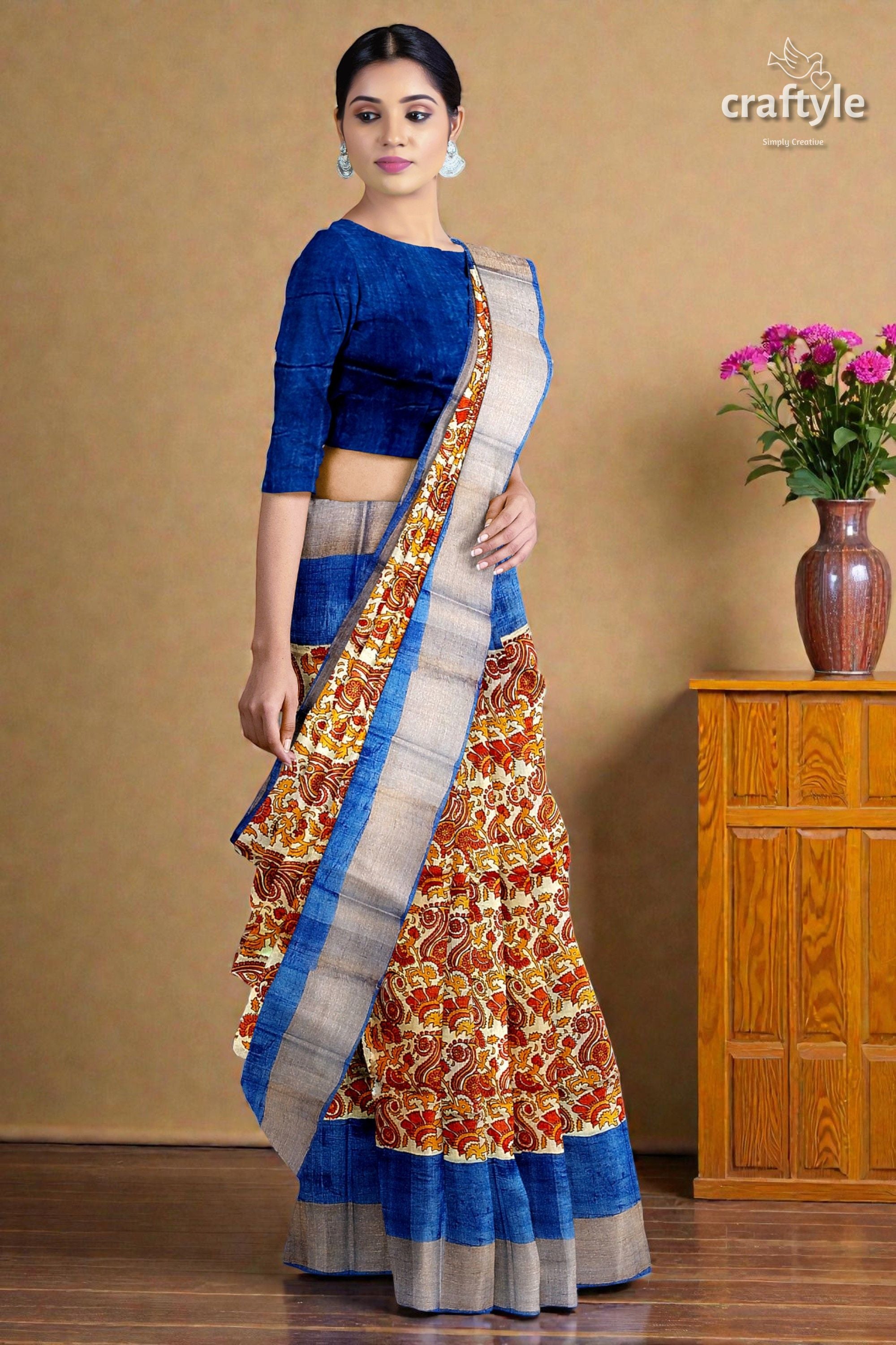 Sand Brown Hand Block Print Pure Tussar Silk Saree with Zari Border