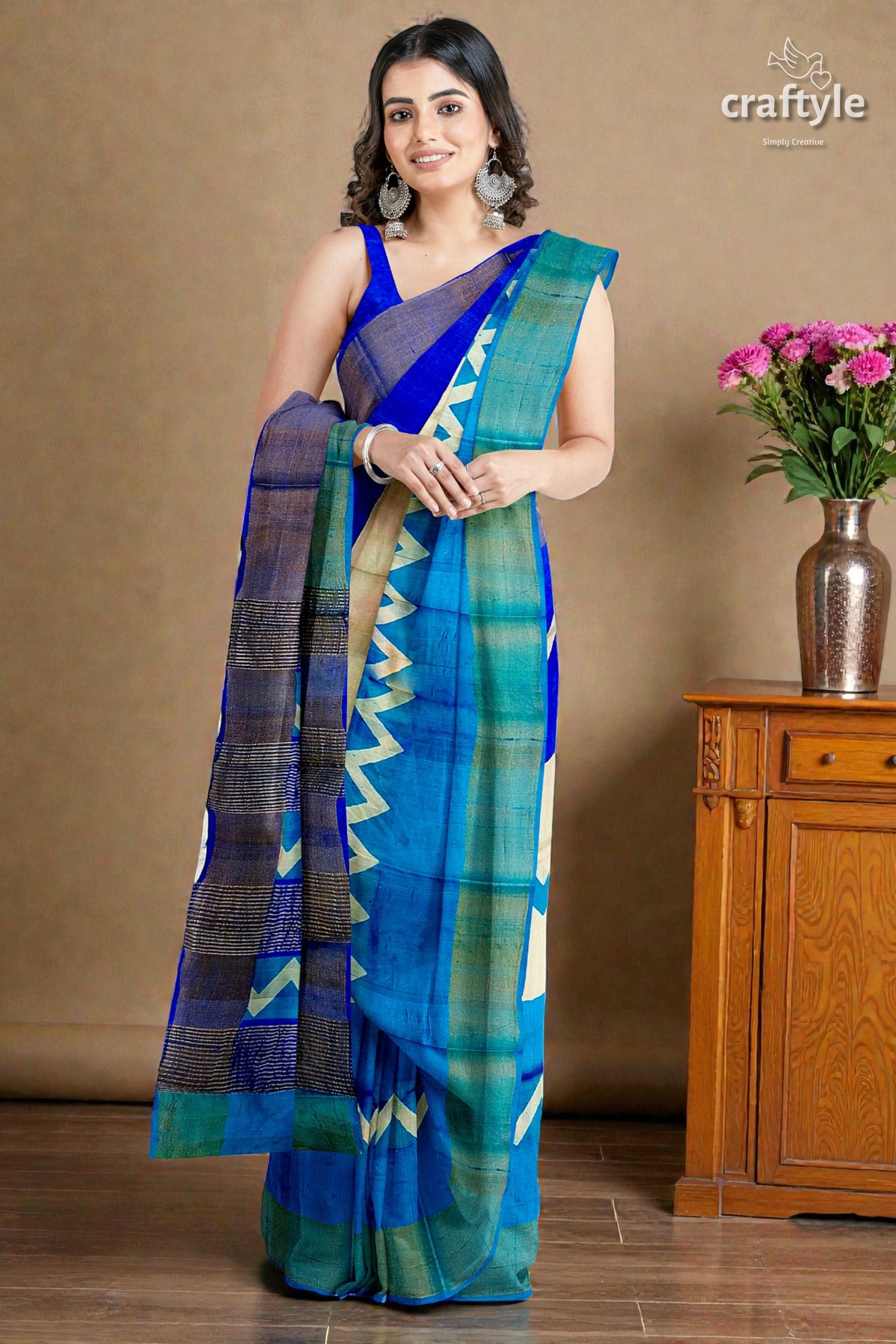 Cream Blue Hand Block Print Pure Tussar Saree with Zari Border