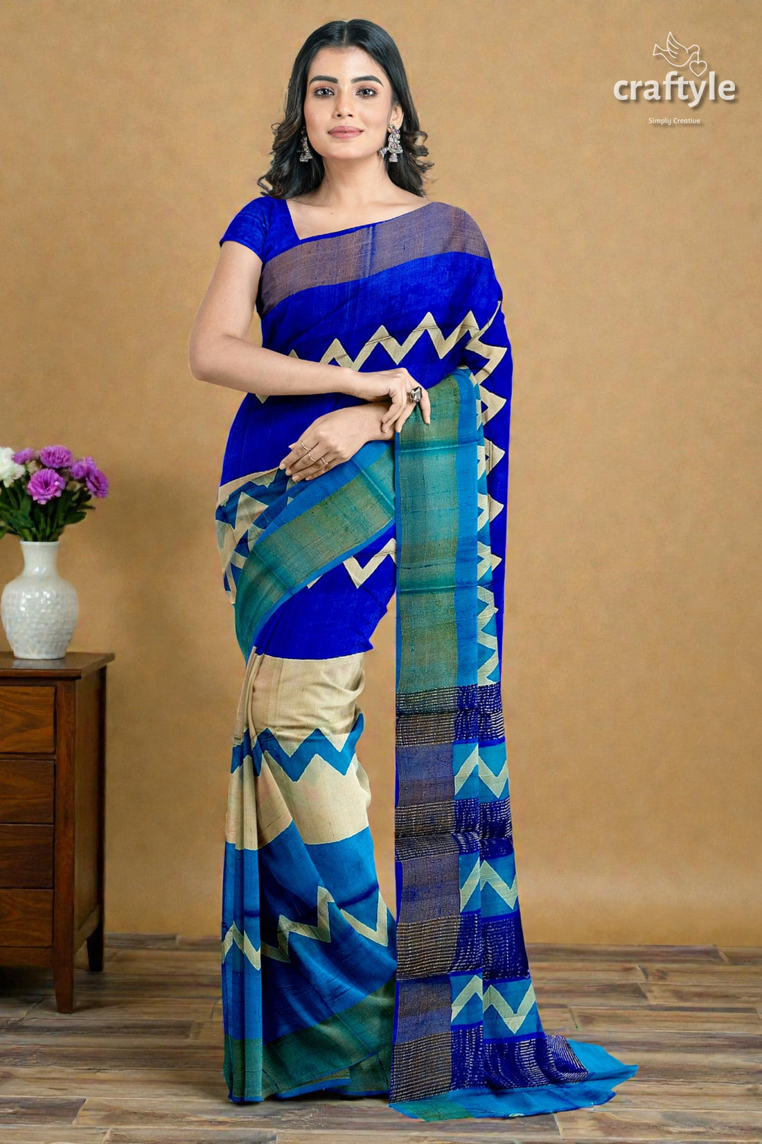 Cream Blue Hand Block Print Pure Tussar Saree with Zari Border