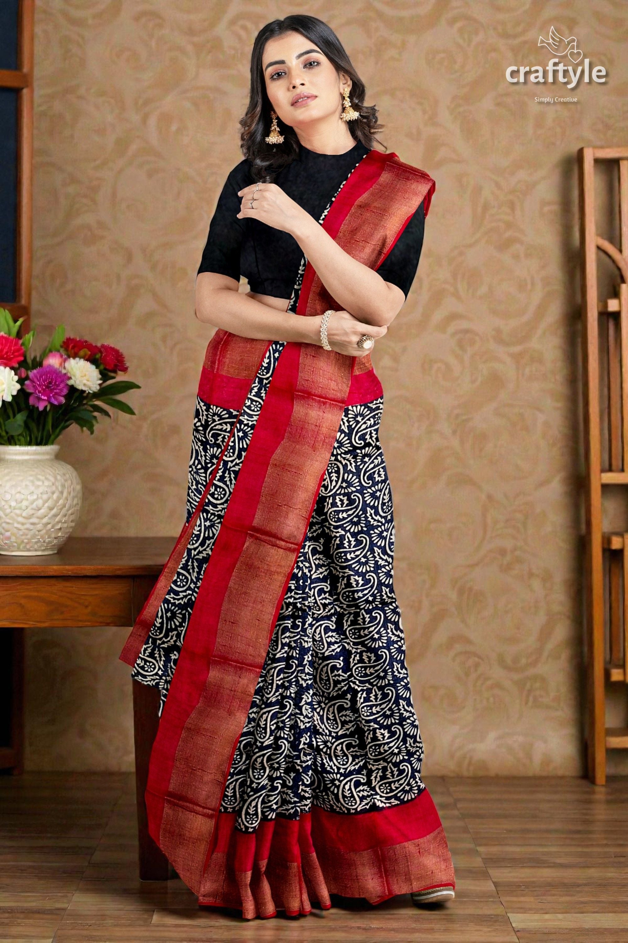 Raven Black Red Hand Block Print Zari Border Pure Tussar Saree