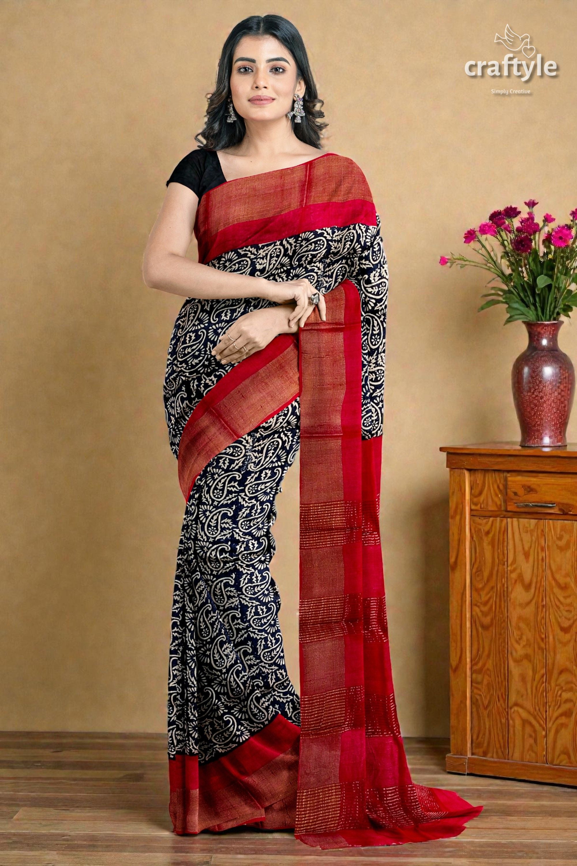 Raven Black Red Hand Block Print Zari Border Pure Tussar Saree