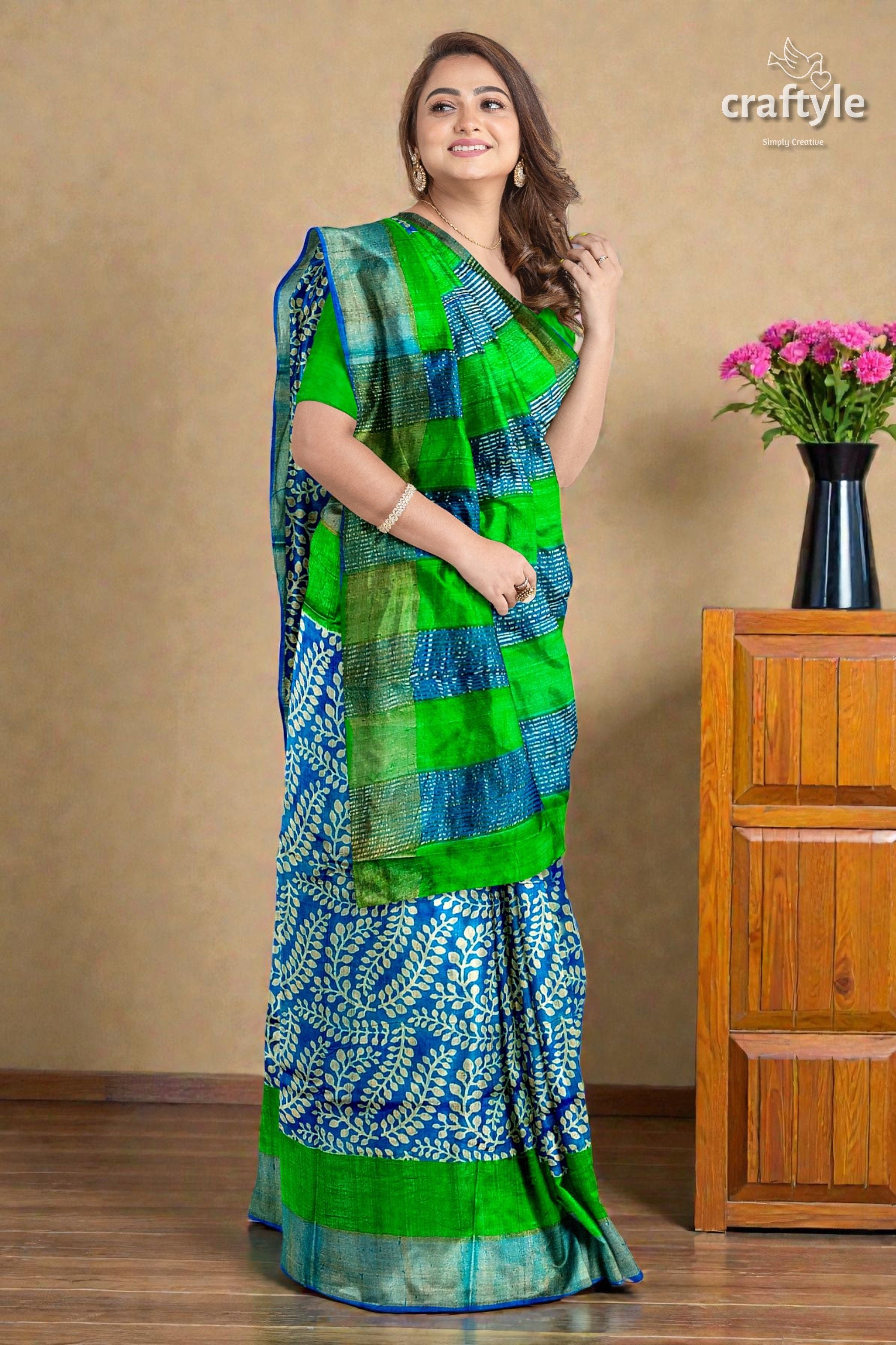 Blue and Green Hand Block Print Pure Tussar Saree with Zari Border