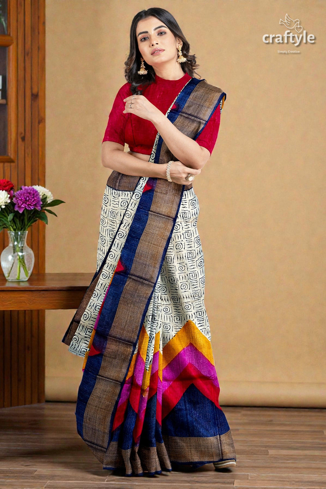 Multicolor Hand Block Print Zari Border Pure Tussar Silk Saree