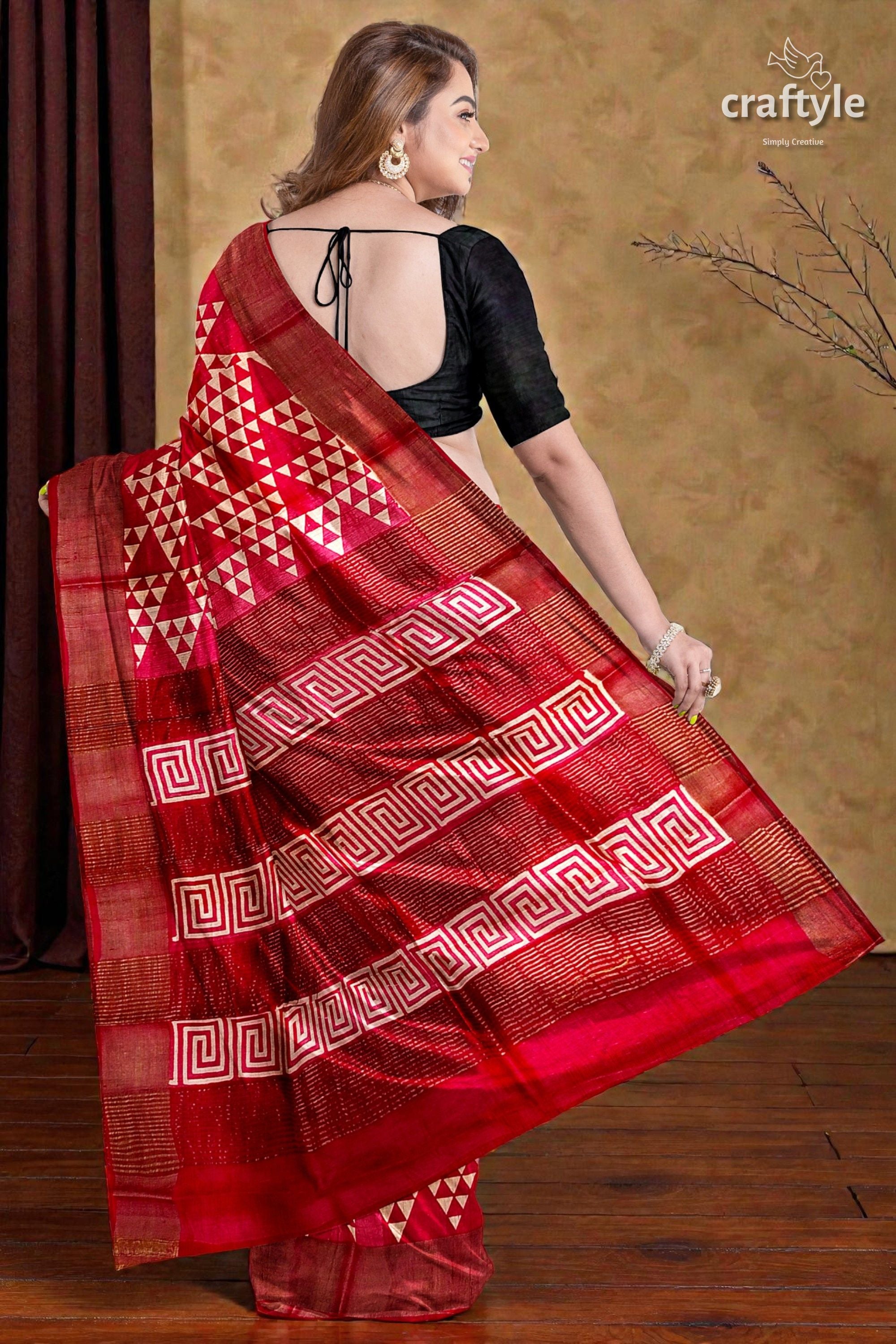 Carnelian Red Hand Block Print Zari Border Pure Tussar Silk Saree