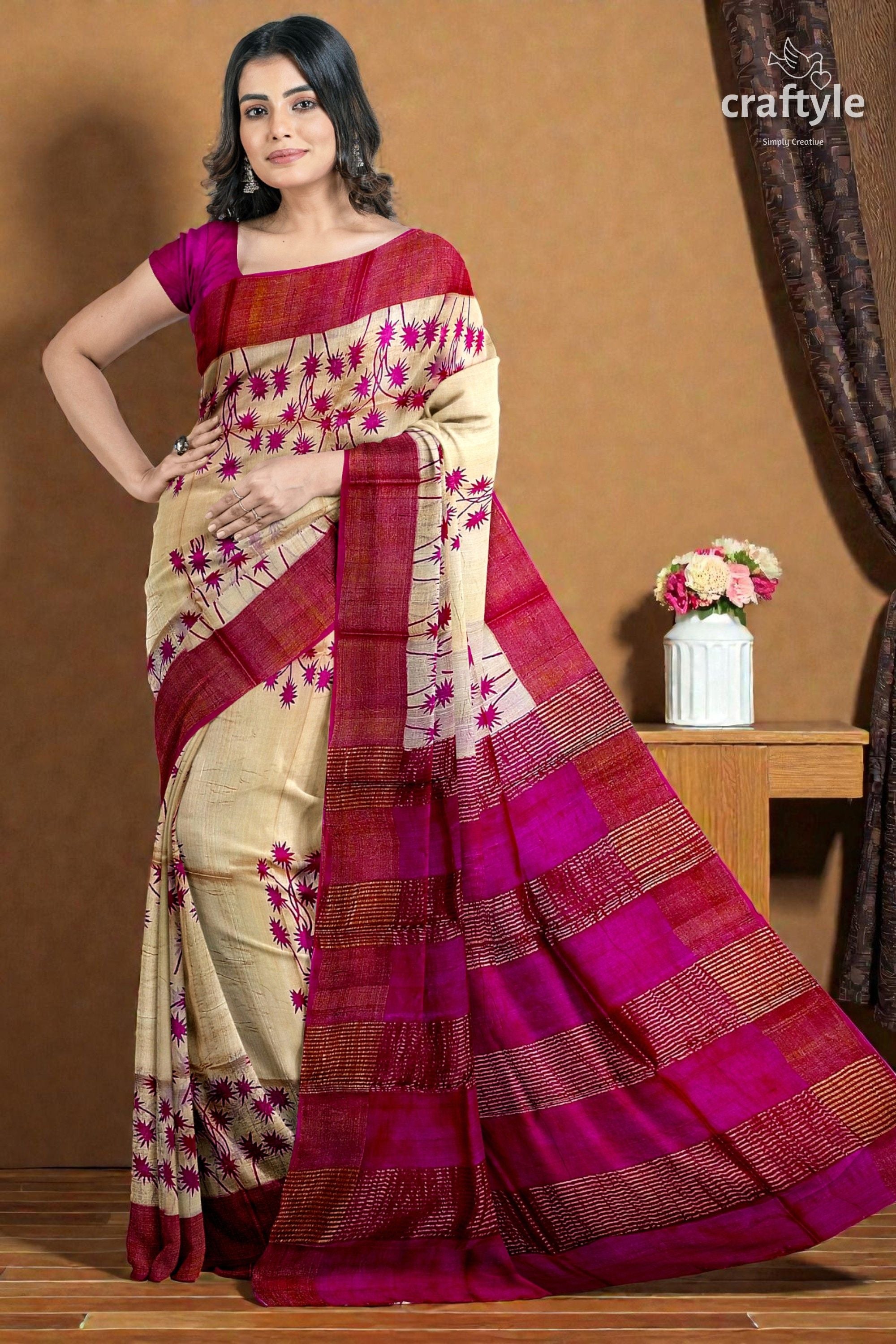 Magenta Cream Hand Block Print Zari Border Pure Tussar Saree