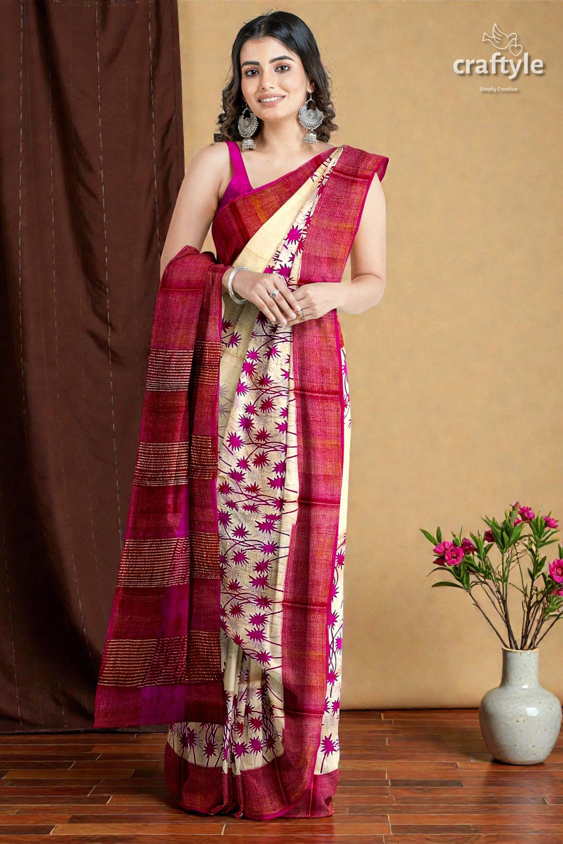 Magenta Cream Hand Block Print Zari Border Pure Tussar Saree