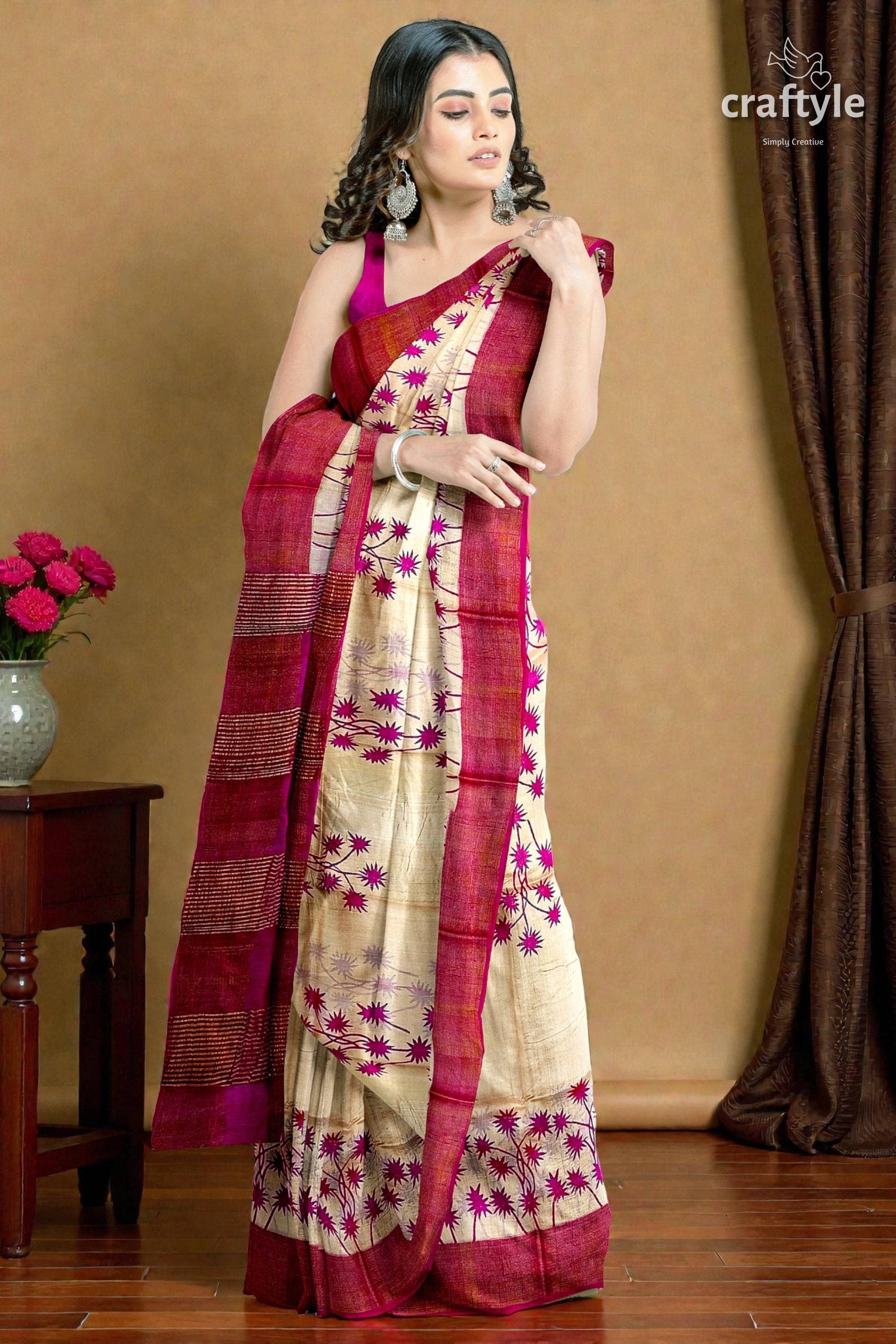Magenta Cream Hand Block Print Zari Border Pure Tussar Saree