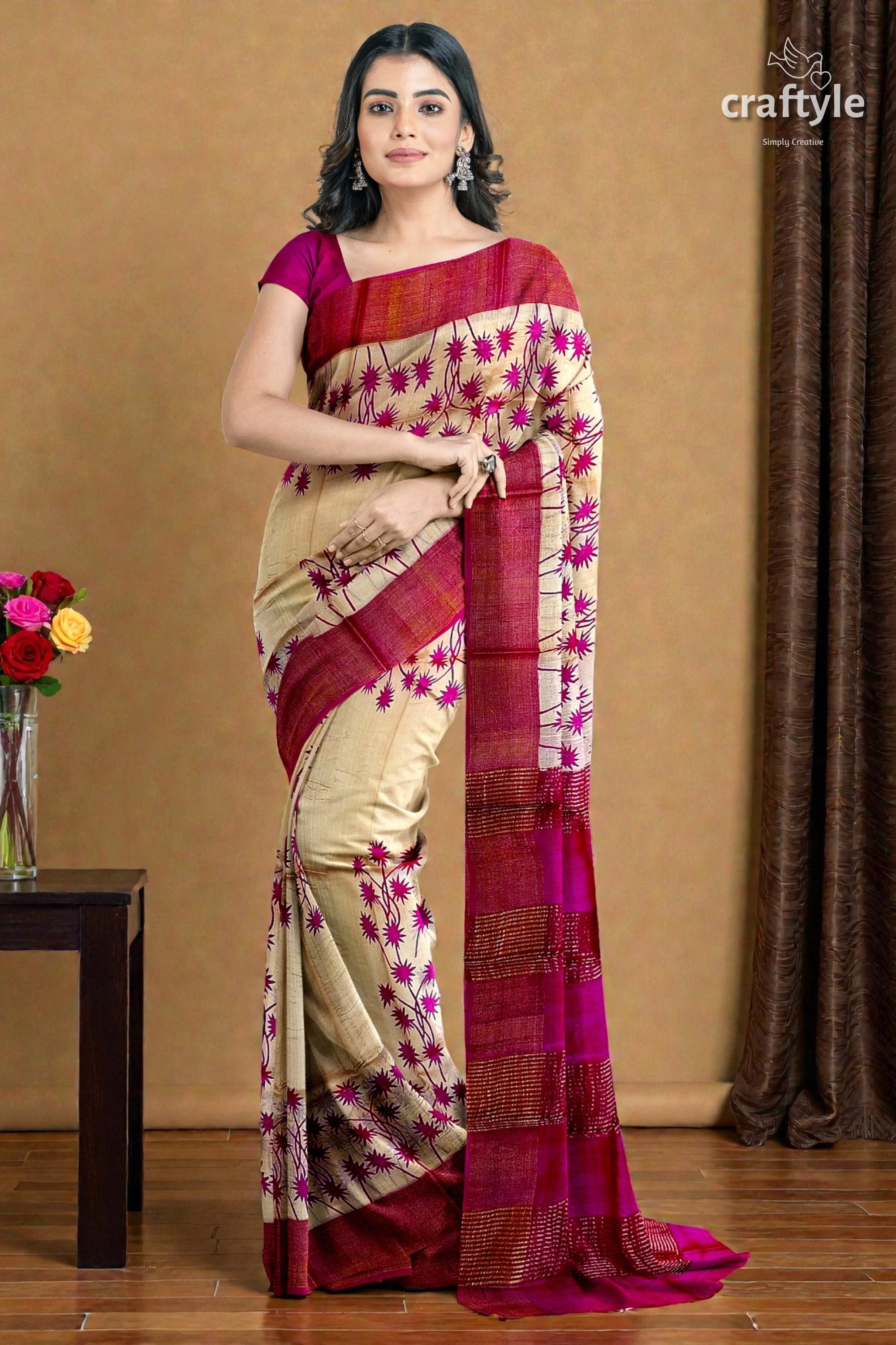 Magenta Cream Hand Block Print Zari Border Pure Tussar Saree